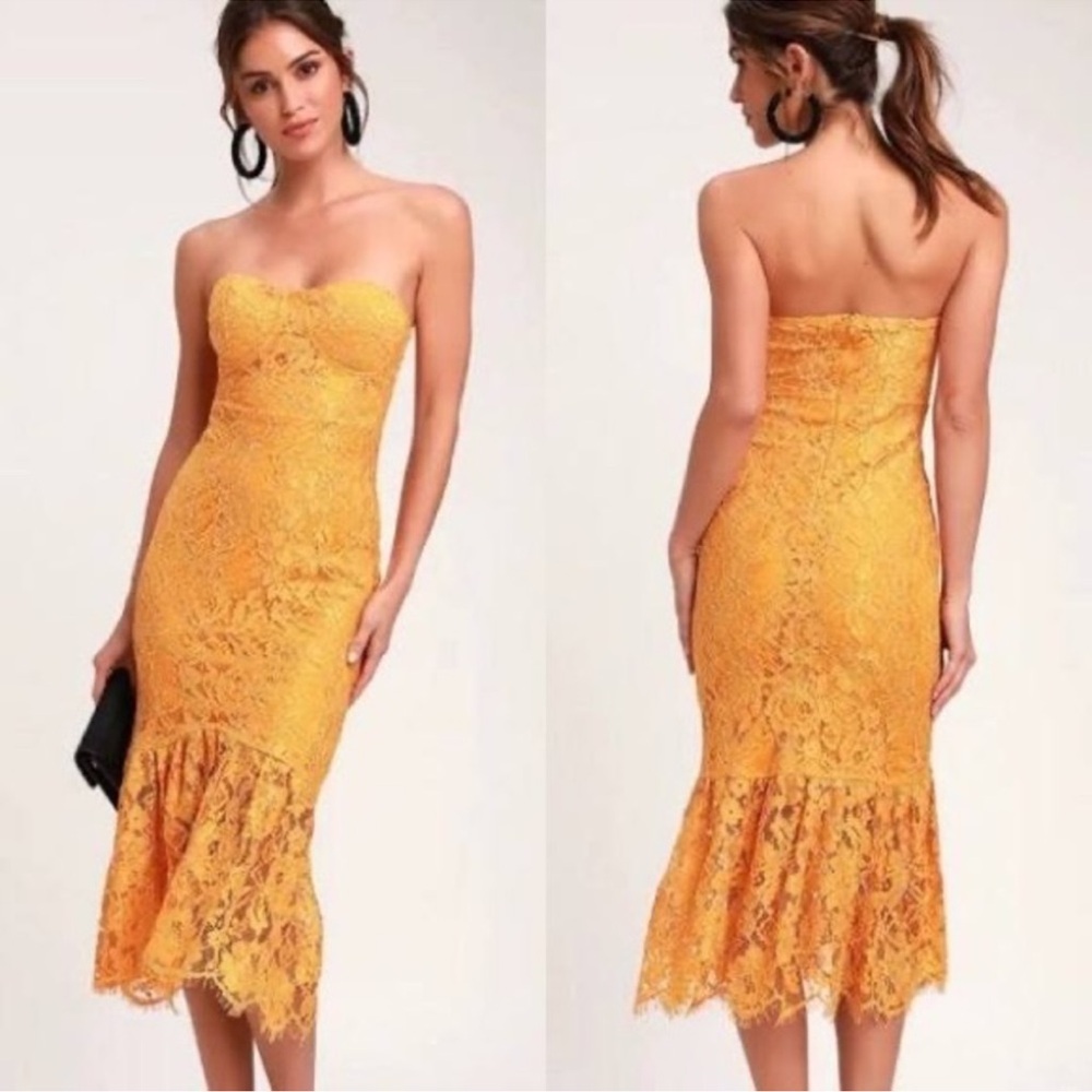 Lulus Strapless Yellow Lace Dress